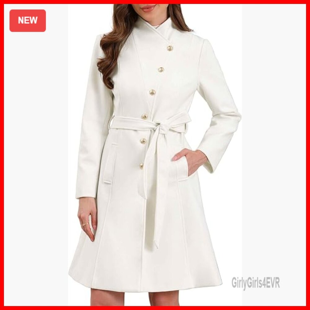 Long Winter Pea Coat With Stand Collar And Belt, Regular Fit